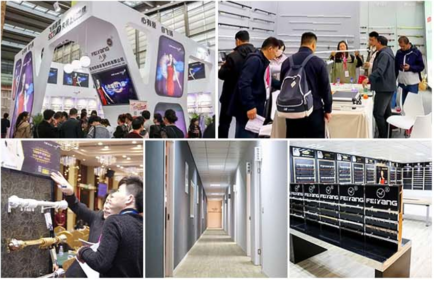 Collage of FEIYANG exhibitions, showroom and product conversations